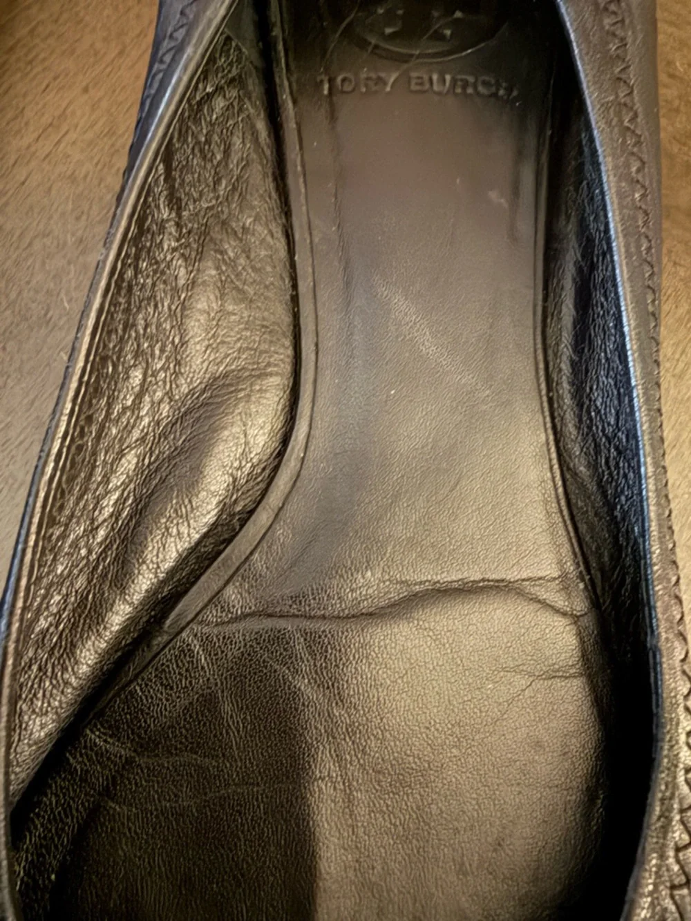 Tory Burch Black Leather Ballet Flats with Gold Logo Medallions